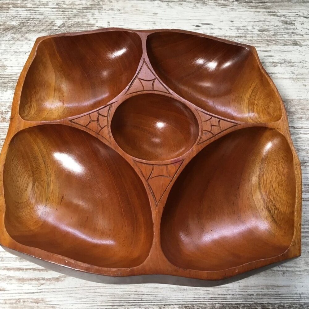 Vintage Mid Century Modern Hand Carved Wooden Divided Serving Relish Tray Bowl